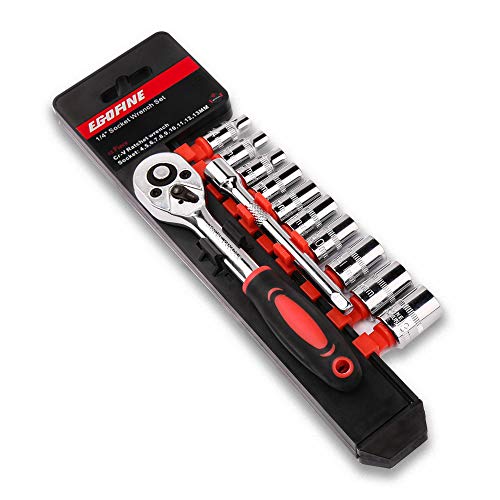 Egofine 12 Stück 1/4 Zoll Ratchet Socket Schlüssel Set, Antriebs Socket Set mit 10 Steckdosen 4-13mm und 2 Wege Schnellfreigegebene Ratchet Griff und Verlängerung Bar von Egofine