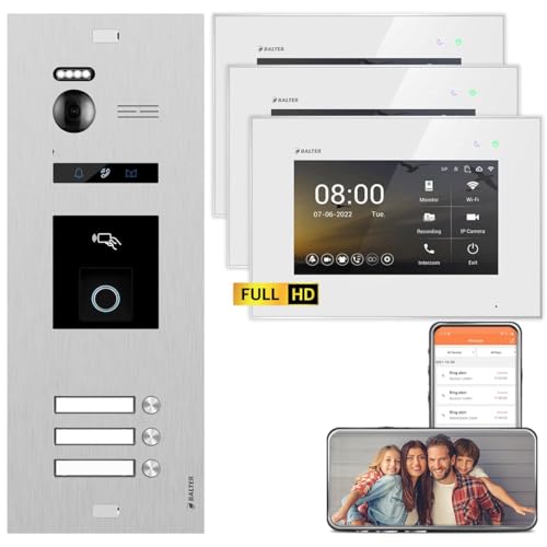 BALTER EVO HD Video Türsprechanlage mit Fingerprint Silber/Weiß 3 Familienhaus Set 3x 7" LCD Monitor WiFi von Egtech