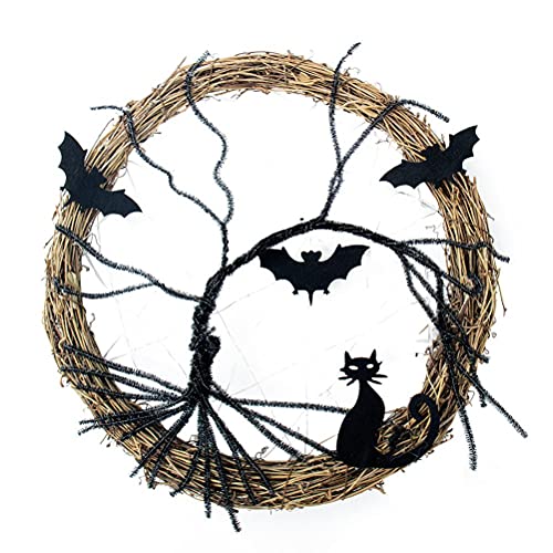 Egujiwa Halloween-Kranz für die Haustür, 36,8 cm, Halloween-Dekoration, Fledermaus- und Katzenkranz mit LED-Lila-Licht, Halloween-Türdekoration (37ｃｍ) von Egujiwa