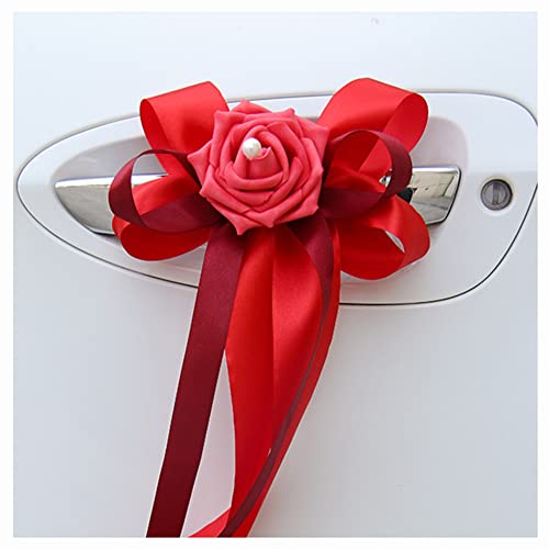 Egurs 6 Stück Autoschmuck Hochzeit Simulation Blume Schleife Hochzeitsauto Auto Verschönert Rückspiegel Türgriff Dekoration Hochzeit New Houses Party Feier Brautwagen Deko rot + weinrot von Egurs