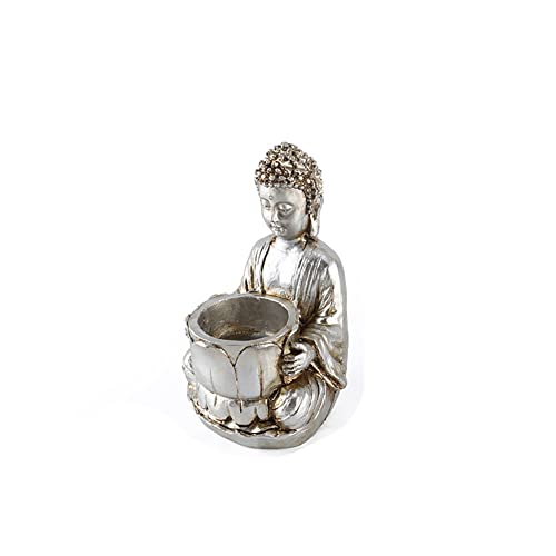 Egurs Kerzenständer Sitzende Buddha Form Ornamente Statue Buddha Deko Garten Wohnzimmer Schlafzimmer Resin Vintage Kerzenhalter für Tischdeko Stumpenkerze Wohnzimmer Hochzeit Weihnachten Party Silber von Egurs