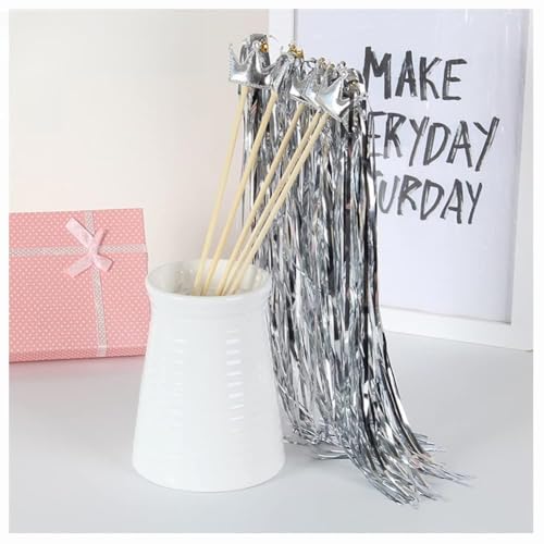 Egurs Zauberstäbe mit Metallic Lametta Fringe und Krone Schimmer Folie Wedding Wands Fee Stab Glücksstäbe Hochzeit Partyatmosphäre Dekoration Silber- 10 Stück von Egurs