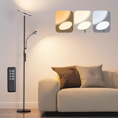 Ehaho LED Stehlampe Deckenfluter, Stehlampe Wohnzimmer mit Sehr Hell LED Leselampe, Stehlampe mit Fernbedienung &Touch-Steuerung, Stufenlos Dimmbar Moderne Stehleuchte für Schlafzimmer Büro von Ehaho