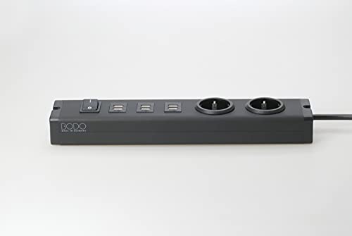 BODO Design Auminium Steckdosenleiste, 2fach + 3USB (Black Elegance), zum Laden von Smartphone, Tablet usw. mit 1,5 m Zuleitung, 0601x0a02223103 von BODO