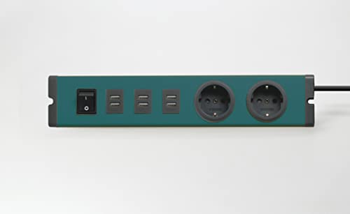 BODO Design Auminium Steckdosenleiste, 2fach + 3USB (Botanic Green), zum Laden von Smartphone, Tablet usw. mit 1,5 m Zuleitung von BODO