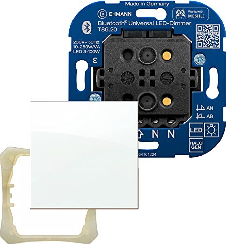 Ehmann, smarter Bluetooth Universal LED-Dimmer 8692x0000, Unterputz-Tastdimmer, über kostenlose APP steuerbar, Leistung: LED 3-100W, 10-250W/VA, inkl. Halterahmen und Wippe, 5 Jahre Garantie von Ehmann