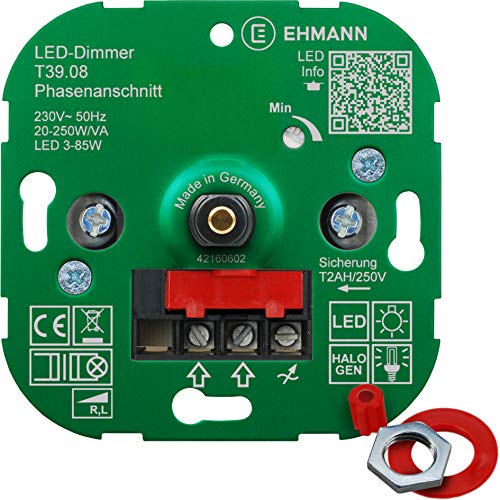 EHMANN 3900x0800 T39.08 Unterputz-Dimmer, Phasenanschnitt, 230 V, 50 Hz, Leistung: LED 3-85 W, 20-250 W/VA, inkl. Schalterprogramm-Adapter von Ehmann