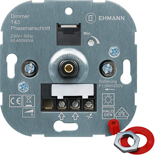 EHMANN Unterputz-Dimmer T43.00, Phasenanschnittdimmer, 230 V, 50 Hz, Leistung: 60-400 W/VA, inkl. Schalterprogramm-Adapter von Ehmann