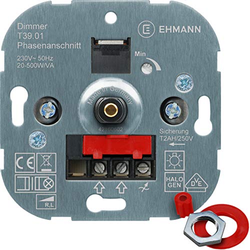 EHMANN 3900x0100 T39.01 Unterputz-Dimmer, Phasenanschnitt, 230 V, 50 Hz, Leistung: 20-500 W/VA, inkl. Schalterprogramm-Adapter von Ehmann