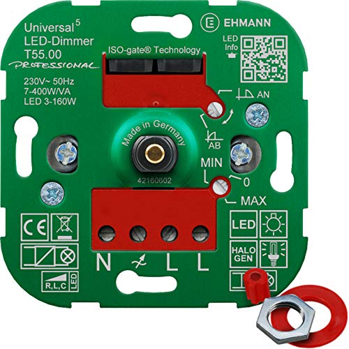 EHMANN 5500x0000 T55.00 Universaldimmer Professional mit ISO-Gate Technologie, Unterputz-Drehdimmer, Dimmprinzip frei wählbar, Leistung: LED 3-160W, 7-400W/VA, inkl. Schalterprogramm-Adapter von Ehmann