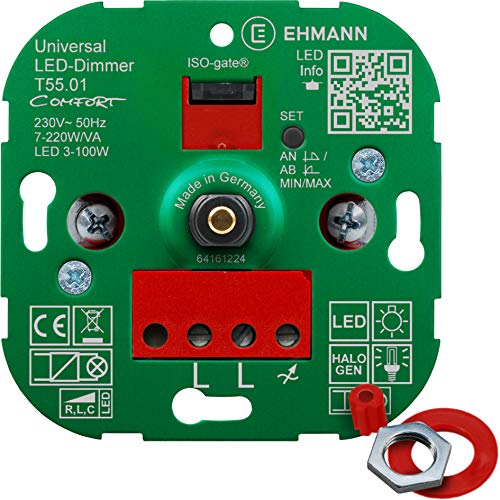 EHMANN 5500x0100 T55.01 Universaldimmer Comfort mit ISO-Gate Technologie, Unterputz-Drehdimmer, Dimmprinzip frei wählbar, Leistung: LED 3-100W, 7-220W/VA von Ehmann