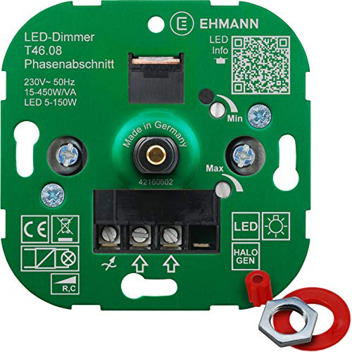 EHMANN LED Unterputz-Dimmer T46.08, Phasenabschnitt, 230 V, 50 Hz, Leistung: LED 5-150 W, 15-450 W/VA, inkl. Schalterprogramm-Adapter von Ehmann