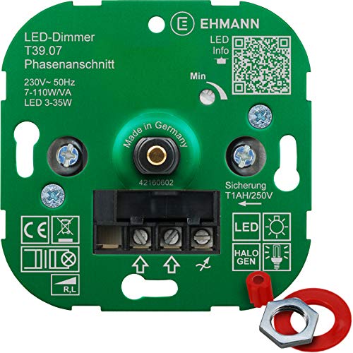 Ehmann LED Unterputz-Dimmer, Phasenanschnitt, 230 V, 50 Hz, Leistung: LED 3-35 W, 7-110 W/VA, inkl. Schalterprogramm-Adapter, Grün von Ehmann