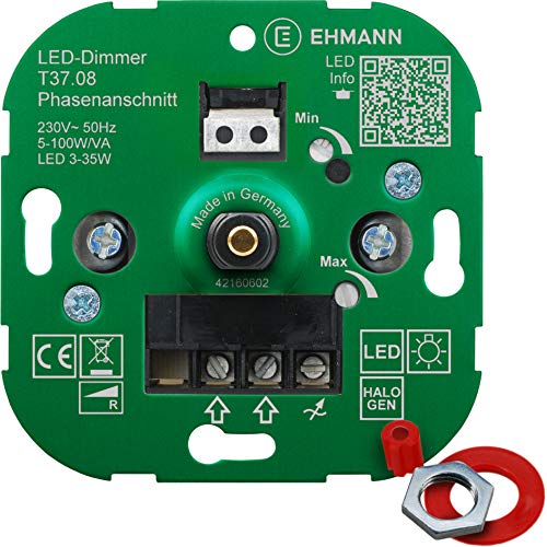 Ehmann 3700x0800 Elektronischer LED Unterputz-Dimmer, Phasenanschnitt, 230 V, 50 Hz, Leistung: LED 3-35 W, 5-100 W/VA, inkl. Schalterprogramm-Adapter von Ehmann