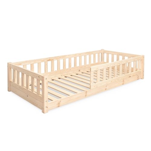 Ehrenkind® Bodenbett Lille | Kinderbett mit abnehmbaren Rausfallschutz aus Massivholz FSC® zertifziert inkl.hochwertigem Lattenrost | Bodenbett 90x200 | Kinderbett 90x200 Natur von Ehrenkind