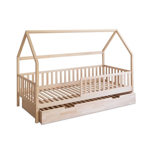 Ehrenkind® Hausbett Buche | Kinderbett mit Rausfallschutz | höhenverstellbar Massivholz inkl. Lattenrost | Kinder Bett | Hausbett 200x90 | Hausbett Kinder 90x200 cm Natur mit Bettkasten von Ehrenkind