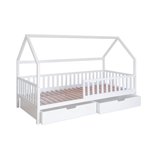 Ehrenkind® Hausbett Buche | Kinderbett mit Rausfallschutz | höhenverstellbar Massivholz inkl. Lattenrost | Kinder Bett | Hausbett 200x90 | Hausbett Kinder 90x200 cm weiß mit Doppelschublade von Ehrenkind