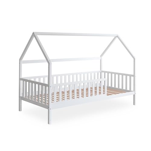 Ehrenkind® Hausbett Buche | Kinderbett mit Rausfallschutz | höhenverstellbar Massivholz inkl. Lattenrost | Kinder Bett | Hausbett 200x90 | Hausbett Kinder 90x200 cm weiß von Ehrenkind