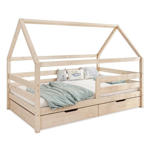 Ehrenkind® Hausbett Sona mit Doppelschublade aus massivem Kiefernholz Natur 120x200 cm von Ehrenkind