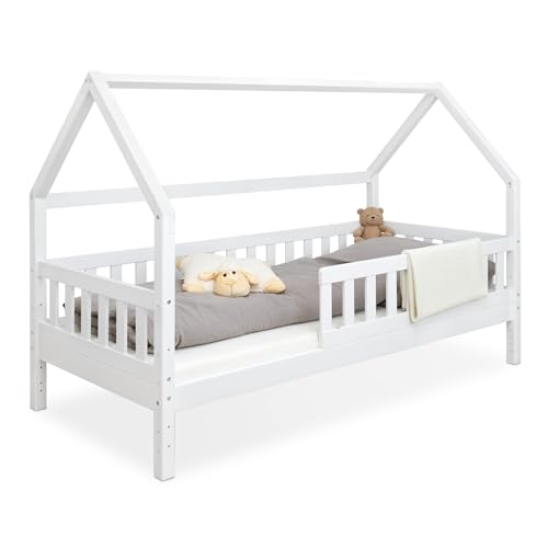 Ehrenkind® Hausbett | Kinderbett mit abnehmbaren Rausfallschutz aus Massivholz FSC® zertifziert inkl. Lattenrost | Hausbett 90x200 | Kinderbett 90x200 Weiß von Ehrenkind