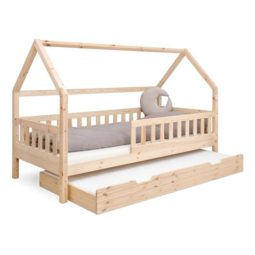 Ehrenkind® Hausbett Lille | Kinderbett mit abnehmbaren Rausfallschutz aus Massivholz FSC® zertifziert inkl. Bettkasten | Hausbett 90x200 | Kinderbett 90x200 Natur von Ehrenkind