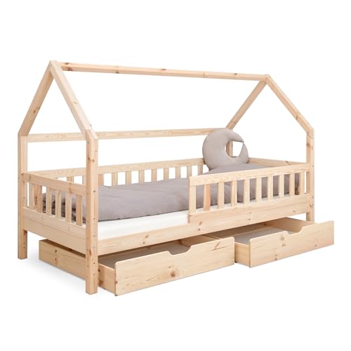 Ehrenkind® Hausbett Lille | Kinderbett mit abnehmbaren Rausfallschutz aus Massivholz FSC® zertifziert inkl. Schubladen | Hausbett 80x160 | Kinderbett 80x160 Natur von Ehrenkind