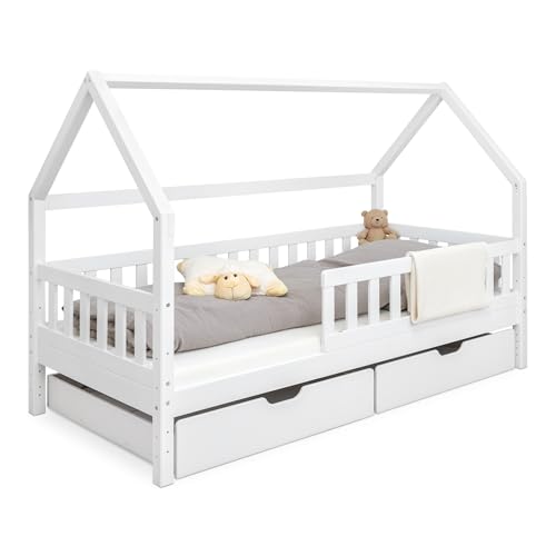 Ehrenkind® Hausbett | Kinderbett mit abnehmbaren Rausfallschutz aus Massivholz FSC® zertifziert inkl. Lattenrost & Schubladen | Hausbett 90x200 | Kinderbett 90x200 Weiß von Ehrenkind