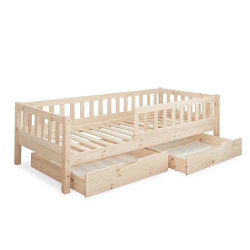 Ehrenkind® Kinderbett Lille | Kinderbett 90x200 cm inkl. abnehmbaren Rausfallschutz und Schubladen aus Massivholz FSC® zertifziert | Jugendbett 90x200 Natur von Ehrenkind