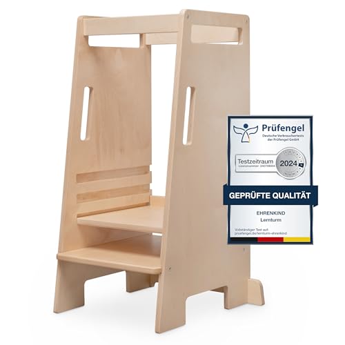Ehrenkind® Lernturm ab 1 Jahr Montessori höhenverstellbar | bis zu 60 KG belastbar | Natur-Holz Lernstuhl Nachhaltig | Learning Tower Kinderhocker Kinderturm Transparent lackiert von Ehrenkind