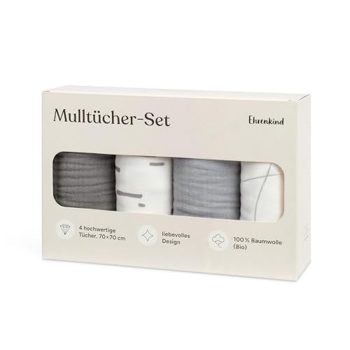 Ehrenkind® Mulltücher Baby 70x70 cm Premium Spucktücher für Neugeborene | Weiche Musselintücher im 4er-Set | Perfekt als Neugeborenen Geschenk & Baby Erstausstattung | Hellgrau von Ehrenkind