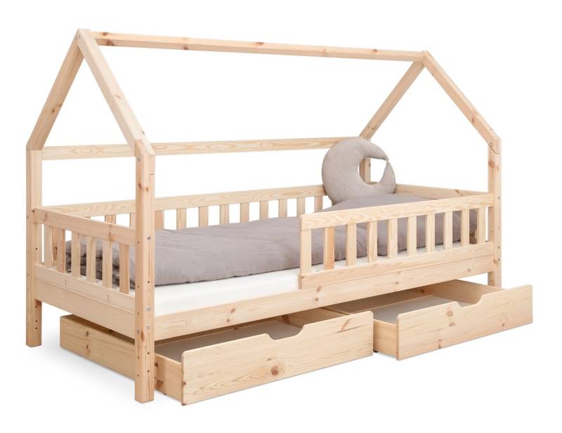 Ehrenkind Hausbett aus nachhaltigem Kiefernholz (mit abnehmbarem Rausfallschutz aus nachhaltigem Holz, Erhältlich in Natur und Weiß Kinderbett 80x160/90x200 cm), höhenverstellbar, nachhaltiges Kiefernholz, hergestellt in Europa von Ehrenkind