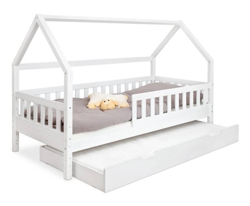 Ehrenkind Hausbett aus nachhaltigem Kiefernholz (mit abnehmbarem Rausfallschutz aus nachhaltigem Holz, Erhältlich in Natur und Weiß Kinderbett 80x160/90x200 cm), höhenverstellbar, nachhaltiges Kiefernholz, hergestellt in Europa von Ehrenkind