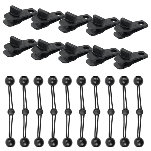 20 Stück Tarp Clips Set, 10 Planenclips Zeltplanen Clips + 10 Spanngummis mit Kugel, Zeltklemmen, Zelt Bungees Cords, Markisenklemme für Camping Zelte Abdeckungen Werbebanner Gartenarbeit von Ehuihuan