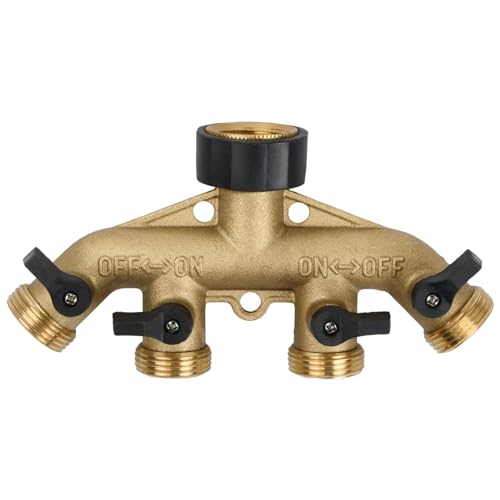 4-Wege Verteiler aus Messing, Wasserverteiler 4fach 3/4 zoll, Schlauchverteiler Gartenschlauch, mit 4 Unabhängig Ein-Aus-Ventile, Rohr Splitter Wasserhahn für Garten, Bewässerung von Ehuihuan