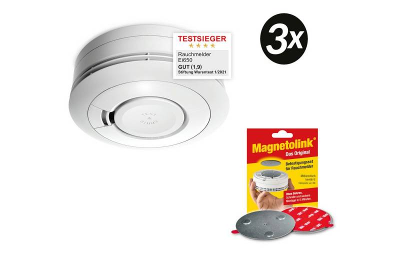Ei Electronics 3x Ei Electronics Ei650 Rauchmelder inkl. Magnetolink Befestigungsset Rauchmelder von Ei Electronics