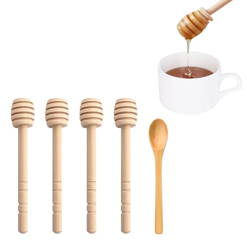 5 Stück Honiglöffel und Honigrührer aus Holz, Honigheber Set mit Spiraldesign, Rührstäbchen für Honig Tee Kaffee, Honigstab für Küche und Frühstück, langlebig & wiederverwendbar von Eiaigky