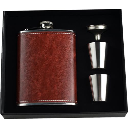 Eiarrnp 8oz Braun Leder Klein Flachmann für Männer Frauen Leckenschutz Flachmann Set for Whiskey Vodka Geschenkbox mit Trichter und 2 Gläser - Wandern Tragbar Flasche Eiarrnp 8oz Braun Leder Klein Flachmann für Männer Frauen Leckenschutz Flachmann Set for Whiskey Vodka Geschenkbox mit Trichter und 2 Gläser - Wandern Tragbar Flasche von Eiarrnp