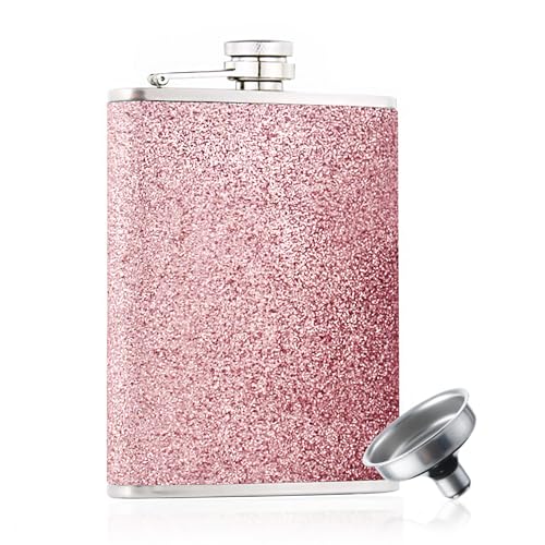 Eiarrnp Glitzer Flaschen Glänzende Edelstahl für Frauen Whisky Alkohol Flachmann Set mit Trichter - 8oz/240ml Taschen Flasche, Rosa von Eiarrnp