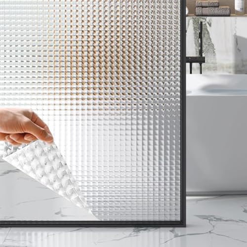 Eiauiuo 3D Fensterfolie Quadrat Gitter Dekor Folie Fenster Sichtschutz Folie Selbsthaftend Glasfolie Statisch Ohne Klebstoff Klebefolie UV-Schutz Geeignet für Hausbäder Wohnzimmer Küchen Scheibenfolie von Eiauiuo