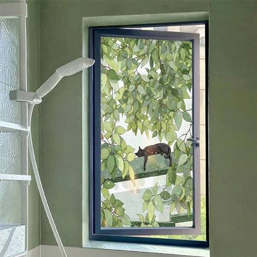 Eiauiuo Art Fensterfolie Grüne Blätter Fenster Dekorfolie Blickdicht Fenster Sichtschutzfolie Selbstklebende Milchglasfolie Statisch Haftend Fenster Folie Glas Aufkleber für Glas Fenster und Glas Tür von Eiauiuo