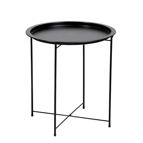 Eiauiuo Beistelltisch Rund Metallrahmen Couchtisch mit Abnehmbarem Tablett Beistelltisch Faltbare Stangenbeine Stabil Wohnzimmertisch Sofatisch Nachttisch Kaffeetisch (Color : Schwarz matt) von Eiauiuo