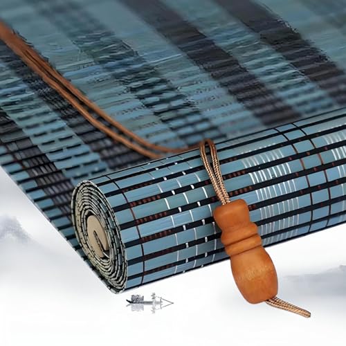 Eiauiuo Blau Bambusrollo Natürliche Bambus Jalousien Sonnenschutz Sichtschutz Bambusvorhang Beschattung Raffrollo UV-Schutz 85% Schattierungsrate Bambus Rollo mit Hakenaufhängung(120x130cm) von Eiauiuo