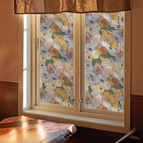 Eiauiuo Bunt Fensterfolie Glas Aufkleber Fenster Dekorfolie Vintage Malerei Milchglasfolie Blickdicht Privatsphäre Scheibenfolie Statische Abnehmbare DIY Dekoratione für Glas Tür und Fenster Blendfrei von Eiauiuo