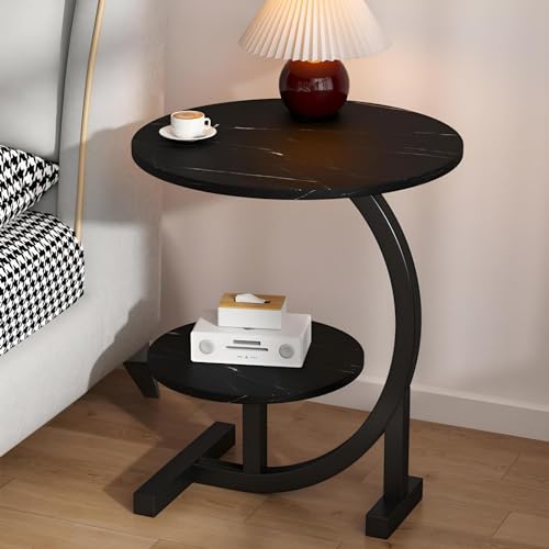 Eiauiuo Rund Beistelltisch Marmorimitatmuster aus MDF Modern Couchtisch mit 2 Ablagen C-förmiger Schwarzer Metall Rahmen Beistelltisch für Wohnzimmer Sofatisch Nachttisch hoch 62cm(Color:Schwarz) von Eiauiuo