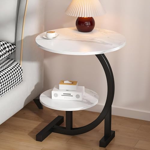 Eiauiuo Rund Beistelltisch Marmorimitatmuster aus MDF Modern Couchtisch mit 2 Ablagen C-förmiger Schwarzer Metall Rahmen Beistelltisch für Wohnzimmer Sofatisch Nachttisch hoch 62cm(Color:Weiß) von Eiauiuo