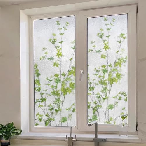 Eiauiuo Selbstklebende Fensterfolie Statisch Haftend Blickdicht Milch Glasfolie mit Pflanze Mustern Fenster Dekor Folie Anti-UV Sonnenschutz Folie Wasserdicht Scheibenfolie für Badezimmer Schlafzimmer von Eiauiuo