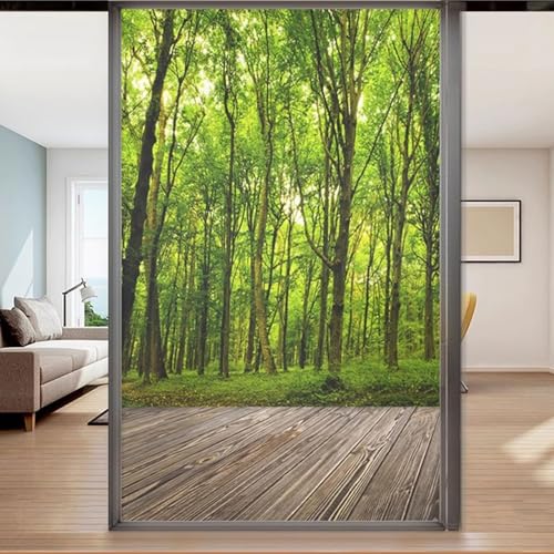 Eiauiuo Wald 3D Fensterfolie Window Film Blickdicht Privatsphärefolie Fenster Dekorfolie Statisch Haftend Selbstklebende Glasaufkleber UV-Schutzfolie Ohne Klebstoff Abnehmbarer für Zuhause Büro Balkon von Eiauiuo