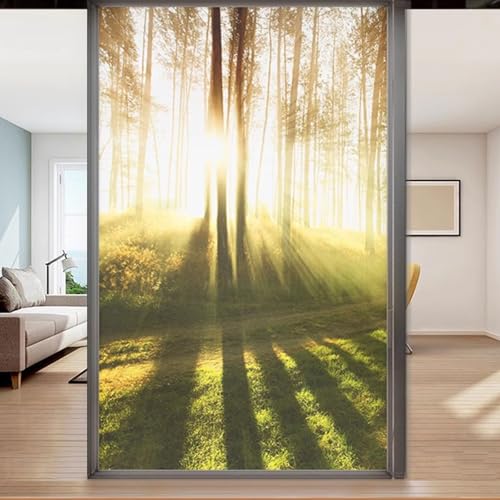 Eiauiuo Wald 3D Fensterfolie Window Film Blickdicht Privatsphärefolie Fenster Dekorfolie Statisch Haftend Selbstklebende Glasaufkleber UV-Schutzfolie Ohne Klebstoff Abnehmbarer für Zuhause Büro Balkon von Eiauiuo