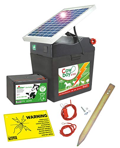 Eider Solar Weidezaungerät Cowboy B 7000 mit 5 Watt Solarmodul & 9V Batterie, 60 Ah - verlängerte Batterielaufzeit durch Moderne Solartechnik - erste Wahl für Pferde- & Ponyzaun - Made in Germany von Eider