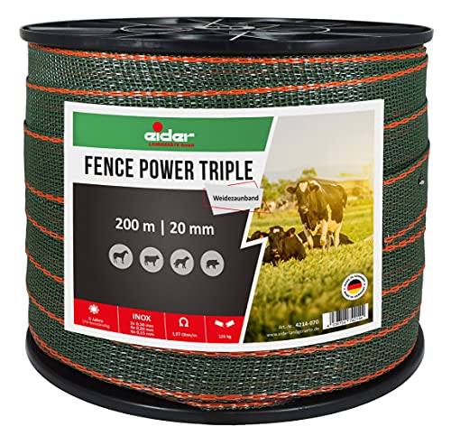 Weidezaunband Fence Power Tripple 200m Rolle, 20 mm, grün/orange - für mittlere bis Lange Zäune, Pferde und Ponyweiden - 2,12 Ohm/m elektrischer Widerstand - Made in Germany von Eider